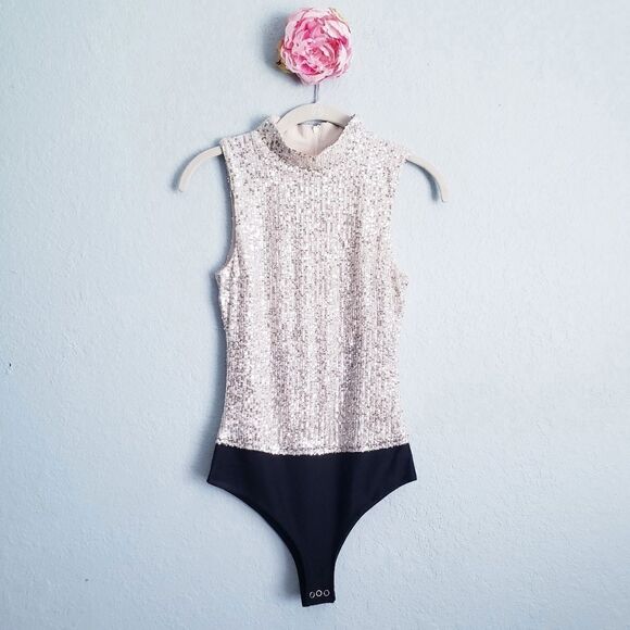 7 For All Mankind Sleeveless Mockneck Sequin Bodysuit - Picture 1 of 6